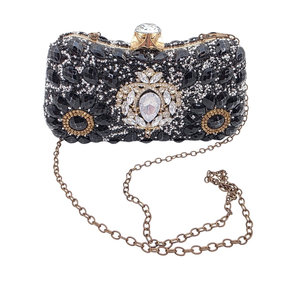 Lauren Lorraine Black Crystal Embellished Evening Clutch Bag Rhinestone Gems P2